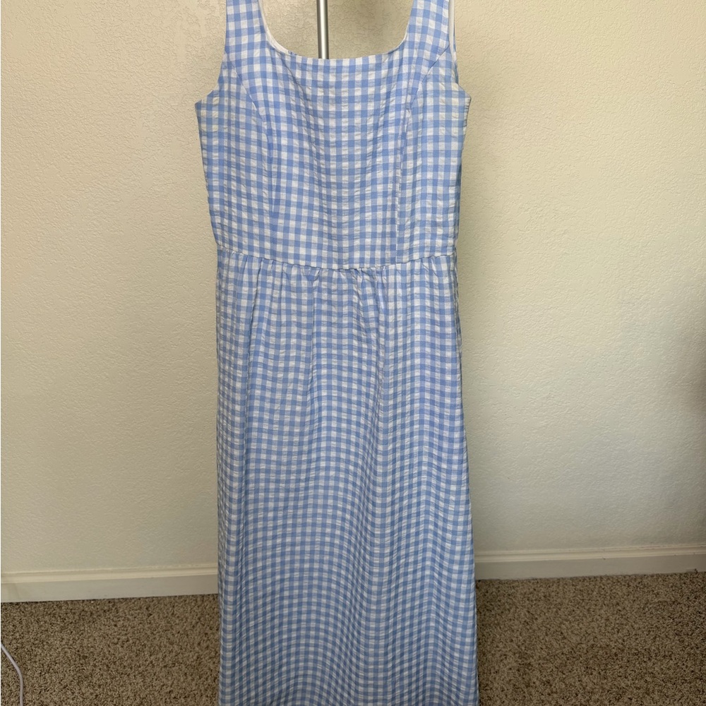 Blue Gingham Sleeveless Midi Dress